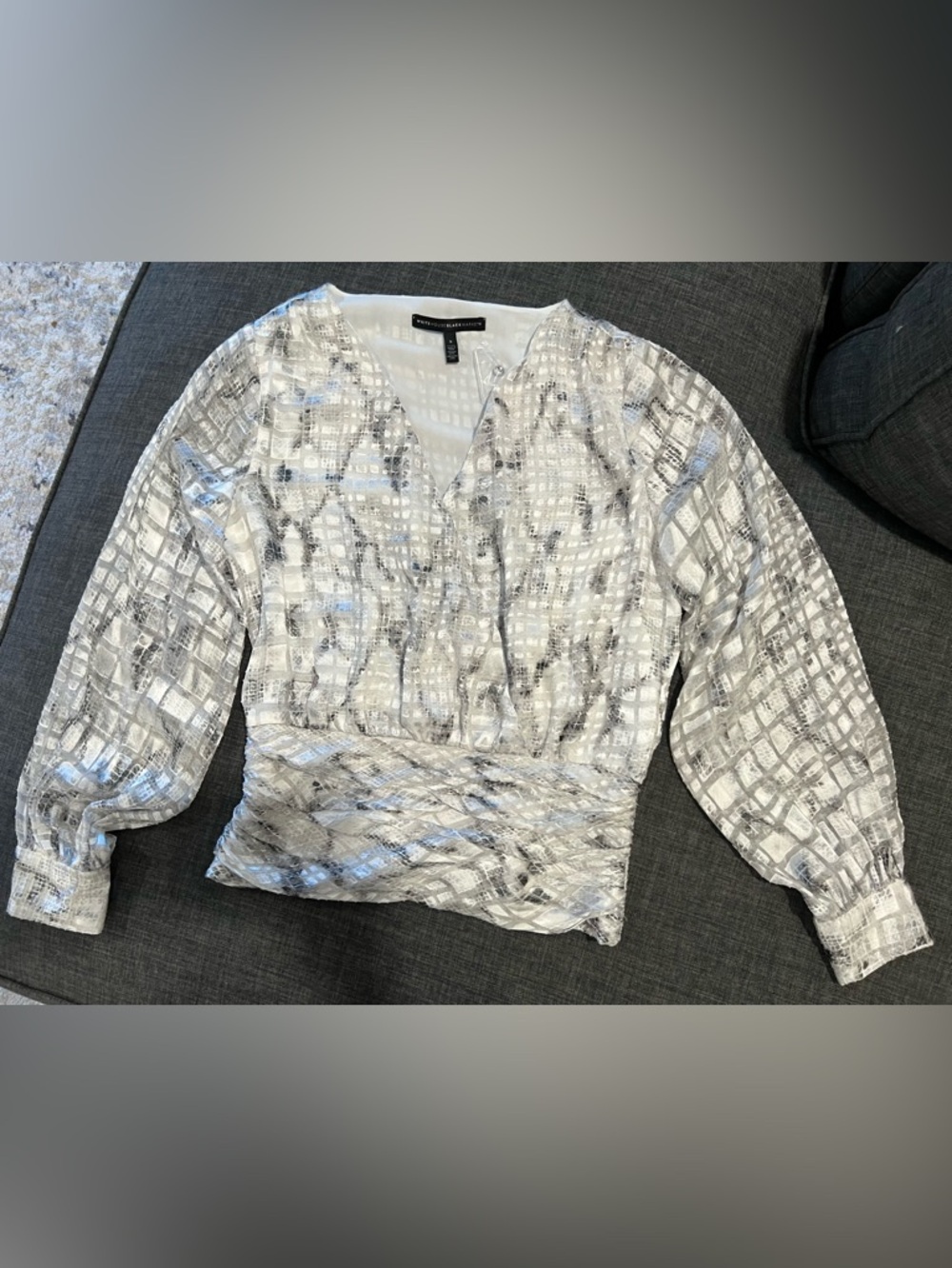 White House Black Market V-neck White & Silver Metallic Grid Wrap Blouse